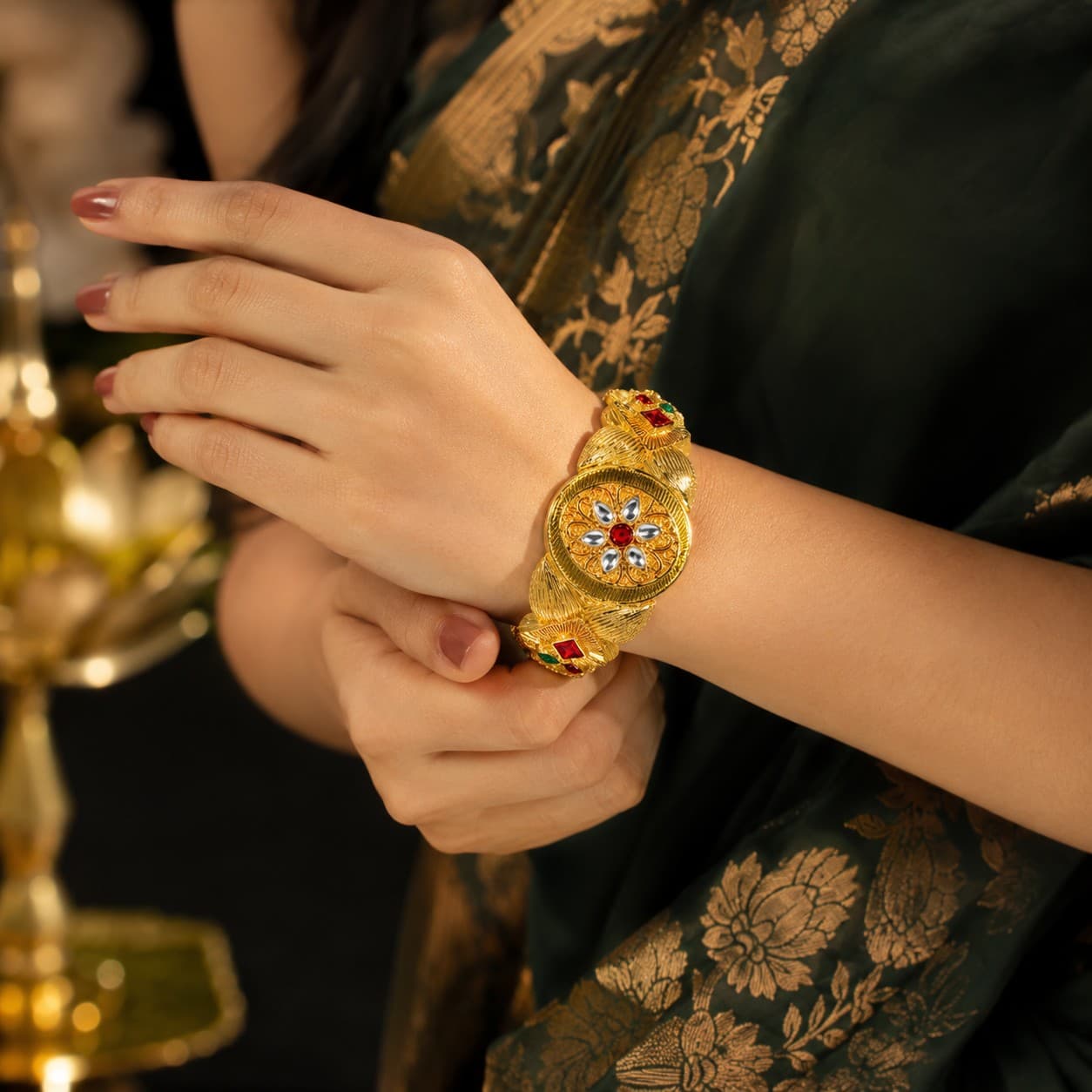 hineora Premium Gold-Plated Rajwada Kundan Designer Kada Bracelet for Women