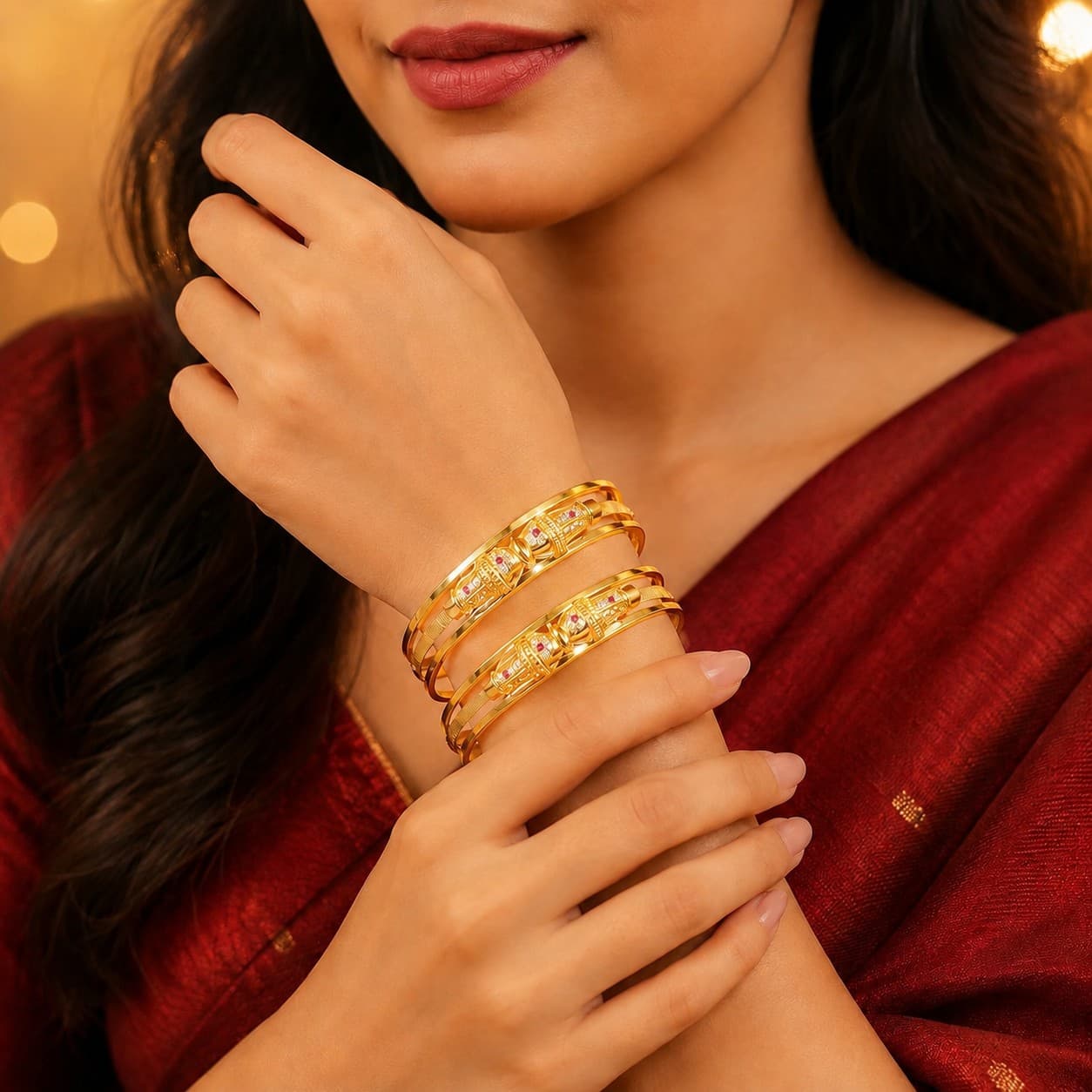 Shineora Premium Gold-Plated Stone Studded Designer Bangles Set for Women (Set of 2)