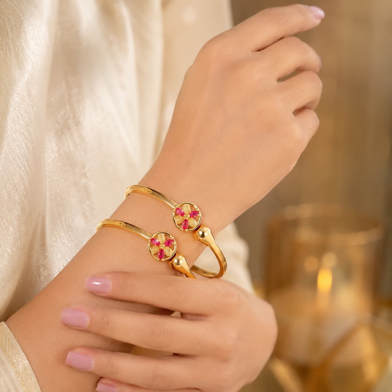 Shineora Premium Gold-Plated Floral Ruby Stone Designer Bangles Set for Women (Set of 2)