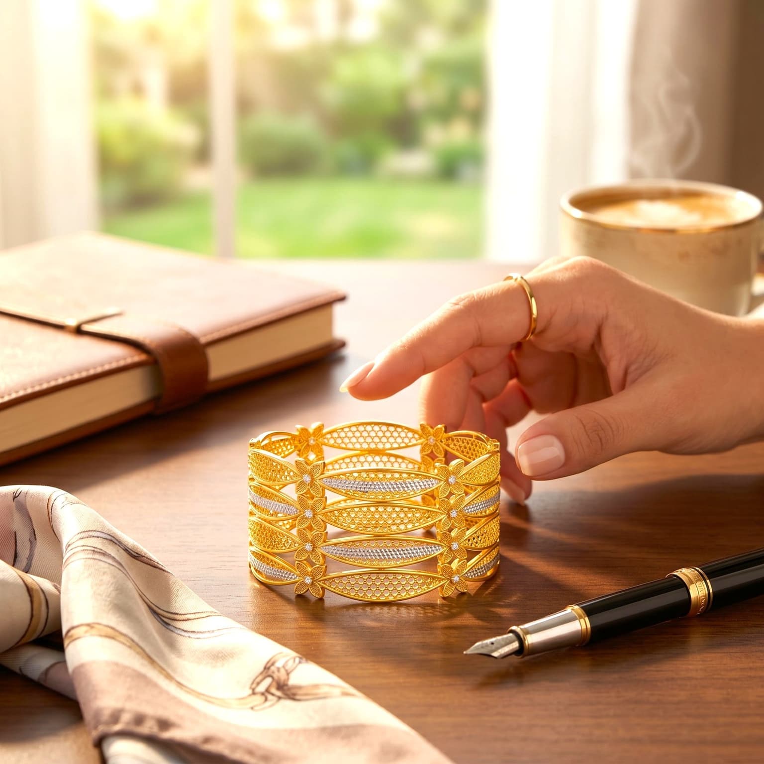 Shineora Premium Gold-Plated Floral Filigree Designer Bangles Set for Women (Set of 4)
