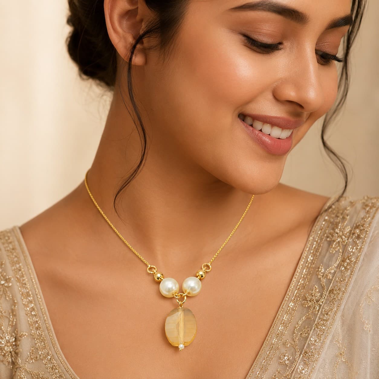 Shineora Gold-Plated Pearl Drop Pendant Necklace